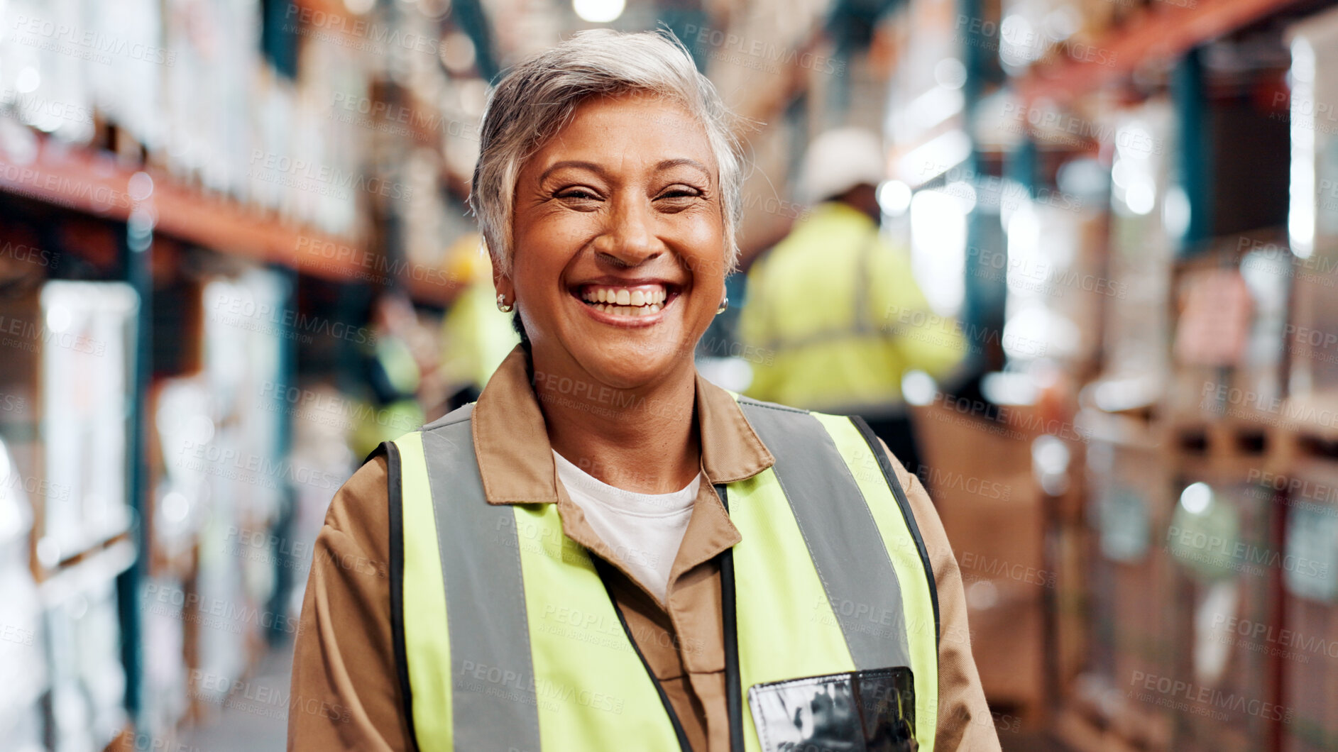 Buy stock photo Woman, portrait and smile in warehouse for logistics, export business and supply chain. Mature supervisor, safety and confident in storage facility with happiness for new distribution opportunity