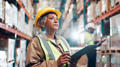 Buy stock photo Shipping, inspection and mature woman with tablet in warehouse, quality assurance and inventory management. Digital checklist, logistics log or mature person in factory for stocktaking with tech