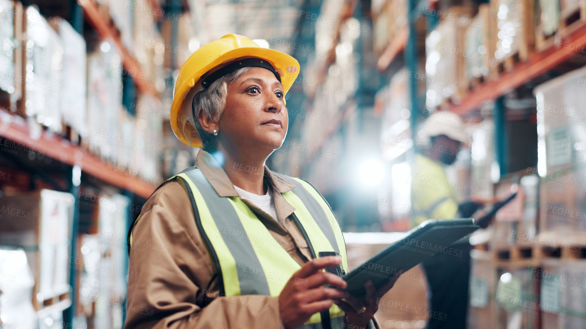 Buy stock photo Shipping, inspection and mature woman with tablet in warehouse, quality assurance and inventory management. Digital checklist, logistics log or mature person in factory for stocktaking with tech