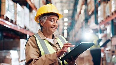Buy stock photo Distribution, inspection and mature woman with tablet in warehouse, quality assurance and inventory management. Digital checklist, logistics log or female inspector in factory for stocktaking on tech