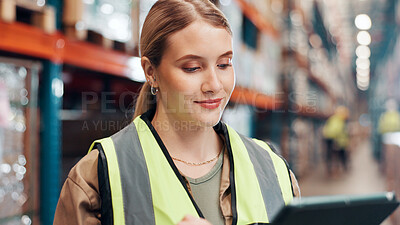Buy stock photo Woman, tablet and shipping information for inspection, inventory management or quality assurance of warehouse. Logistics app, digital delivery schedule or report with female person, cargo and freight
