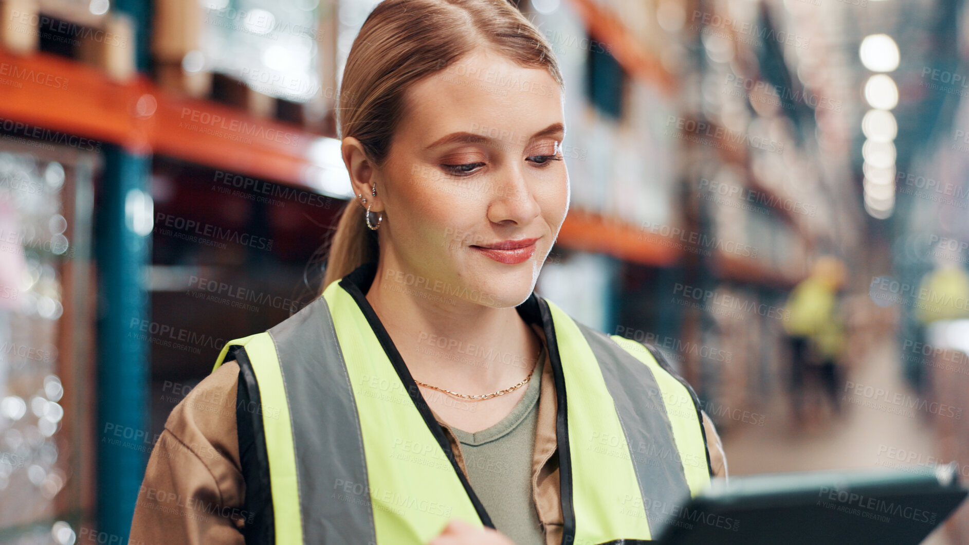 Buy stock photo Woman, tablet and shipping information for inspection, inventory management or quality assurance of warehouse. Logistics app, digital delivery schedule or report with female person, cargo and freight