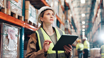 Buy stock photo Woman, tablet and shipping for inspection at plant, inventory management or quality assurance of warehouse. Logistics app, digital delivery schedule or report with female person, cargo and freight