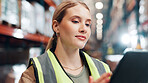 Woman, tablet and distribution for inspection at plant, inventory management or quality assurance of warehouse. Logistics app, digital delivery schedule or report with person, cargo and freight