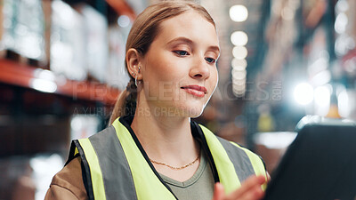 Buy stock photo Woman, tablet and distribution for inspection at plant, inventory management or quality assurance of warehouse. Logistics app, digital delivery schedule or report with person, cargo and freight