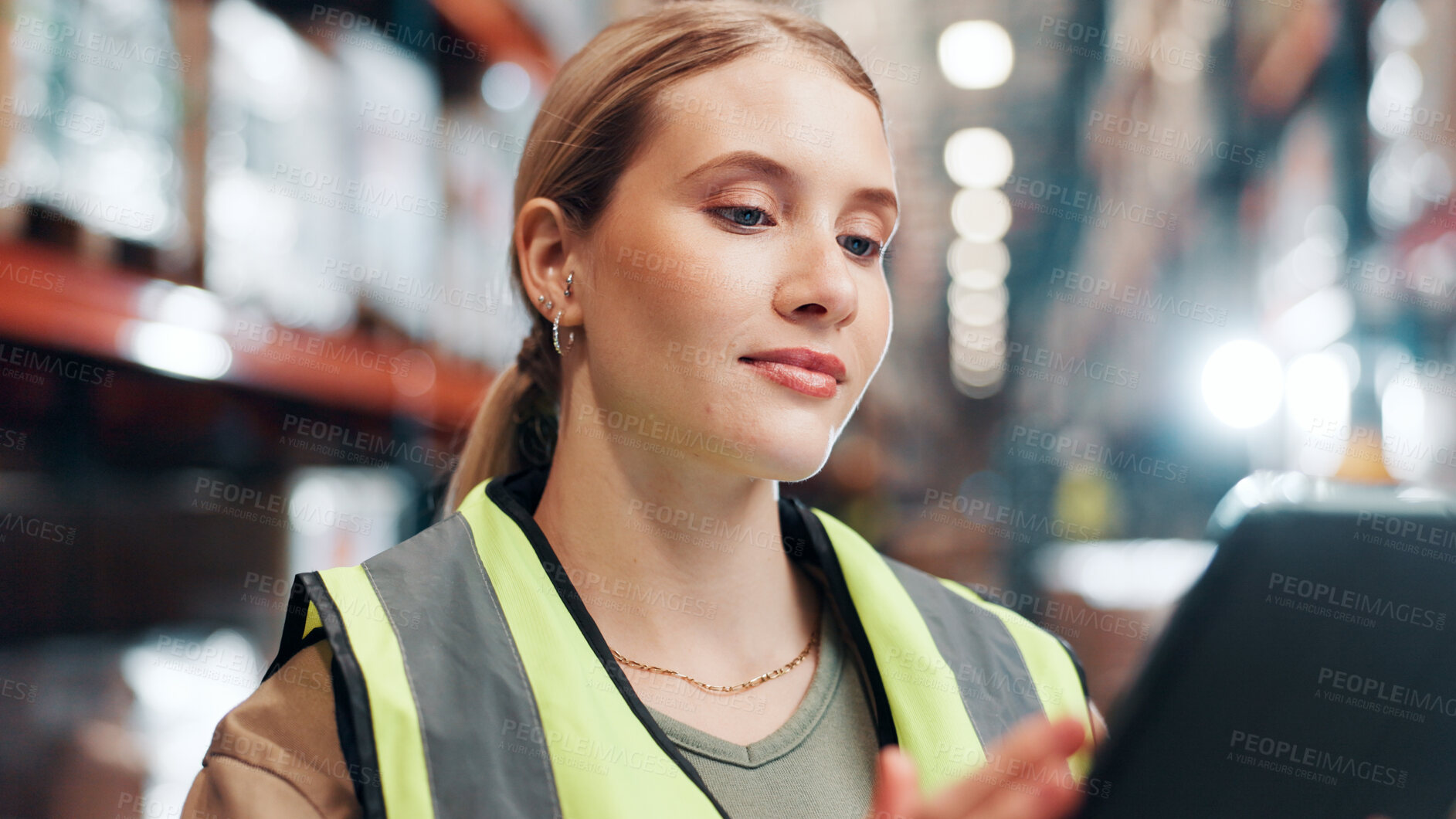 Buy stock photo Woman, tablet and distribution for inspection at plant, inventory management or quality assurance of warehouse. Logistics app, digital delivery schedule or report with person, cargo and freight