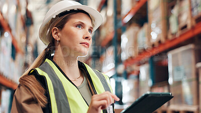 Buy stock photo Thinking, distribution and woman in warehouse, tablet and quality check with inventory. Storage, problem solving and employee in factory, tech and counting with supply chain and app for online order