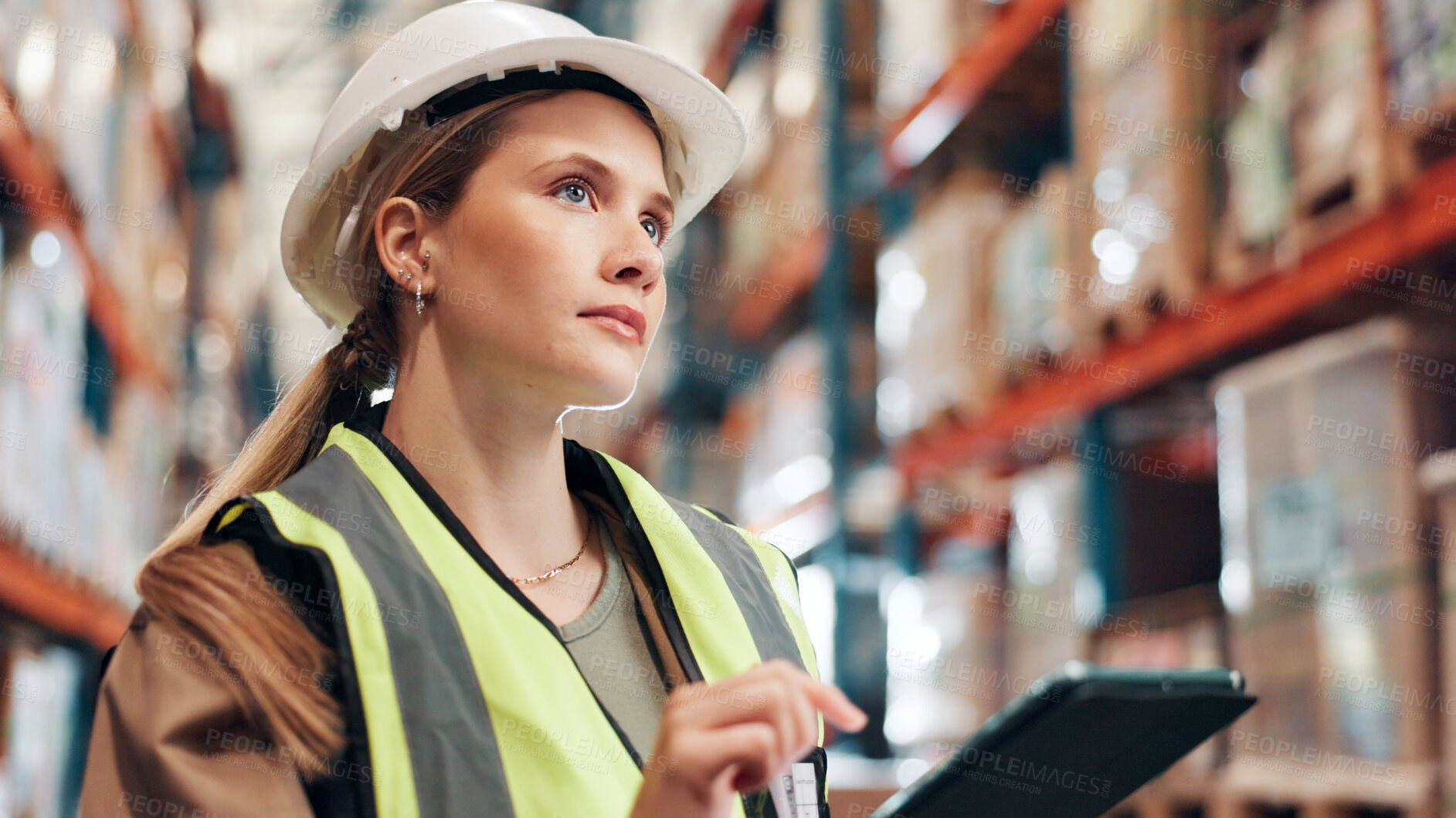 Buy stock photo Thinking, distribution and woman in warehouse, tablet and quality check with inventory. Storage, problem solving and employee in factory, tech and counting with supply chain and app for online order