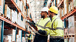 Discussion, men or tablet in warehouse for logistics, supplier or inventory management. App, distribution team or digital checklist in supply chain with pointing, counting or update backlog system
