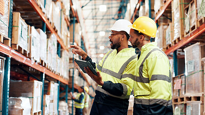 Buy stock photo Discussion, men or tablet in warehouse for logistics, supplier or inventory management. App, distribution team or digital checklist in supply chain with pointing, counting or update backlog system