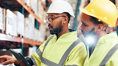 Buy stock photo Discussion, people or tablet in supply chain for logistics, supplier or inventory management. App, distribution team or digital checklist in warehouse with pointing, counting or update backlog system
