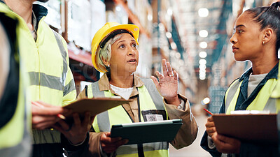 Buy stock photo Distribution, tablet and team in warehouse, clipboard and conversation with planning for inventory. Group, manager and people in factory, tech and advice for inspection, logistics and quality check