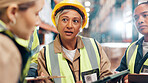 Distribution, tablet and team with conversation, clipboard and advice with planning for inventory. Group, manager and people in factory, tech and quality check for inspection, logistics or discussion