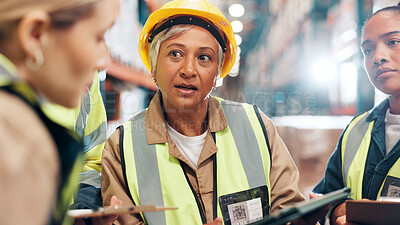 Buy stock photo Distribution, tablet and team with conversation, clipboard and advice with planning for inventory. Group, manager and people in factory, tech and quality check for inspection, logistics or discussion