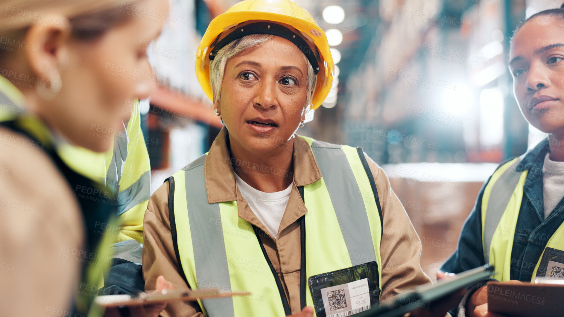 Buy stock photo Distribution, tablet and team with conversation, clipboard and advice with planning for inventory. Group, manager and people in factory, tech and quality check for inspection, logistics or discussion