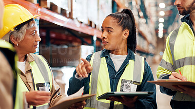 Buy stock photo Distribution, tablet and team with clipboard, quality check and conversation with planning for inventory. Group, stock and people in factory, tech or advice for inspection, logistics or manufacturing