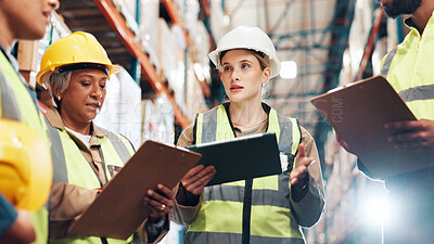 Buy stock photo Supply chain, tablet and team in warehouse, clipboard and quality check with planning for inventory. Group, manager and people in factory, tech and advice for inspection, logistics and distribution