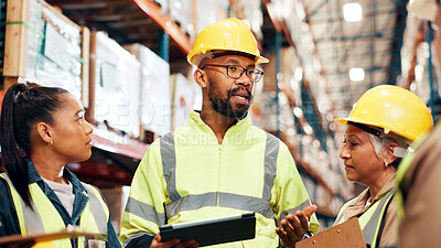 Buy stock photo Distribution, tablet and group in warehouse, clipboard and conversation with supply chain. Team, manufacturing and people in factory, tech and schedule for inspection, cooperation and quality check