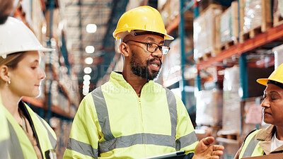 Buy stock photo Man, tablet and group for logistics at warehouse for talk with clipboard, planning or inventory management. Plant supervisor, team and meeting with strategy for supply chain, distribution or shipping