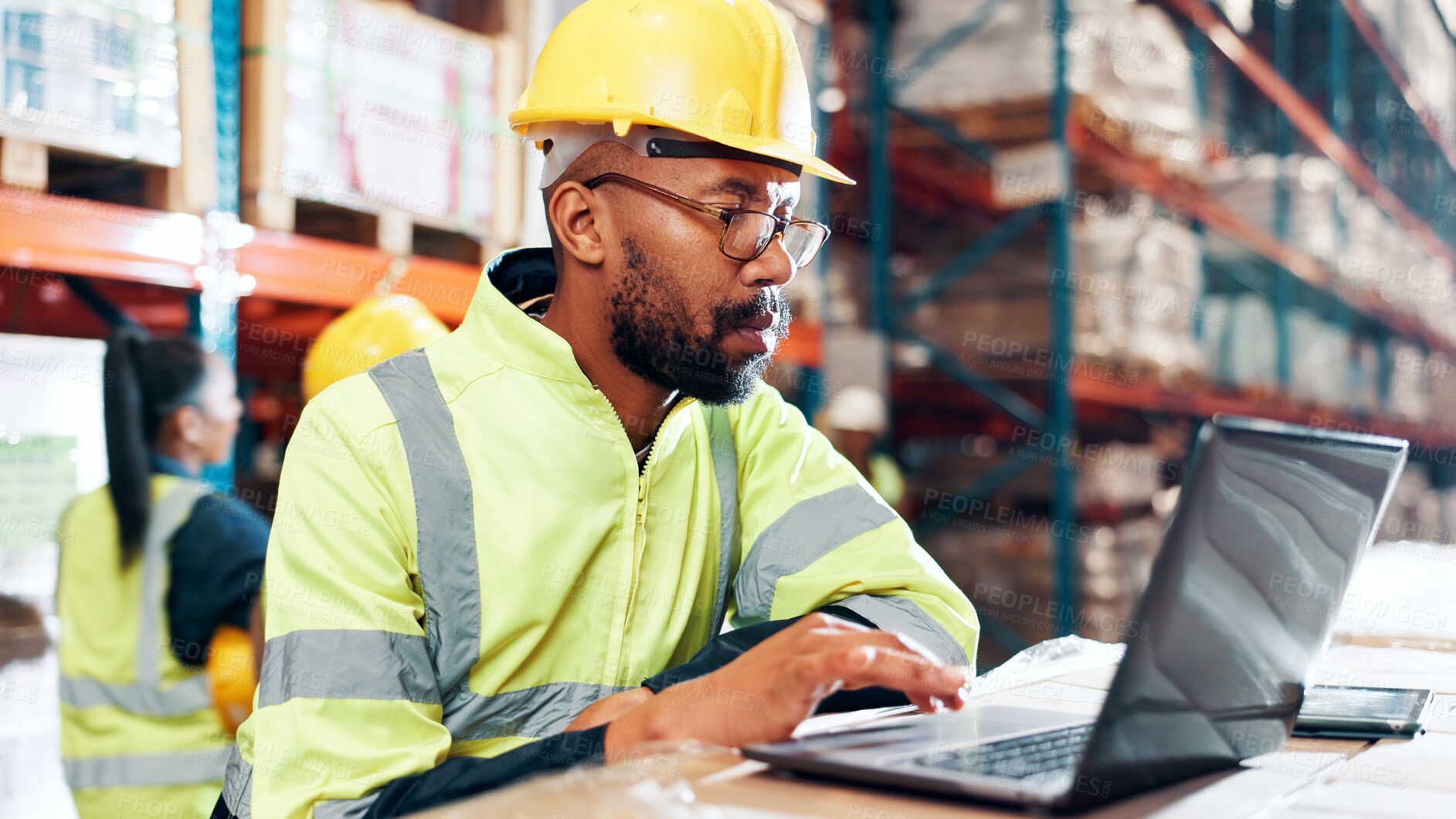 Buy stock photo Man, laptop and report for logistics at warehouse with review for order, schedule or inventory management. Person, computer and scroll for shipping, distribution or supply chain at industrial plant