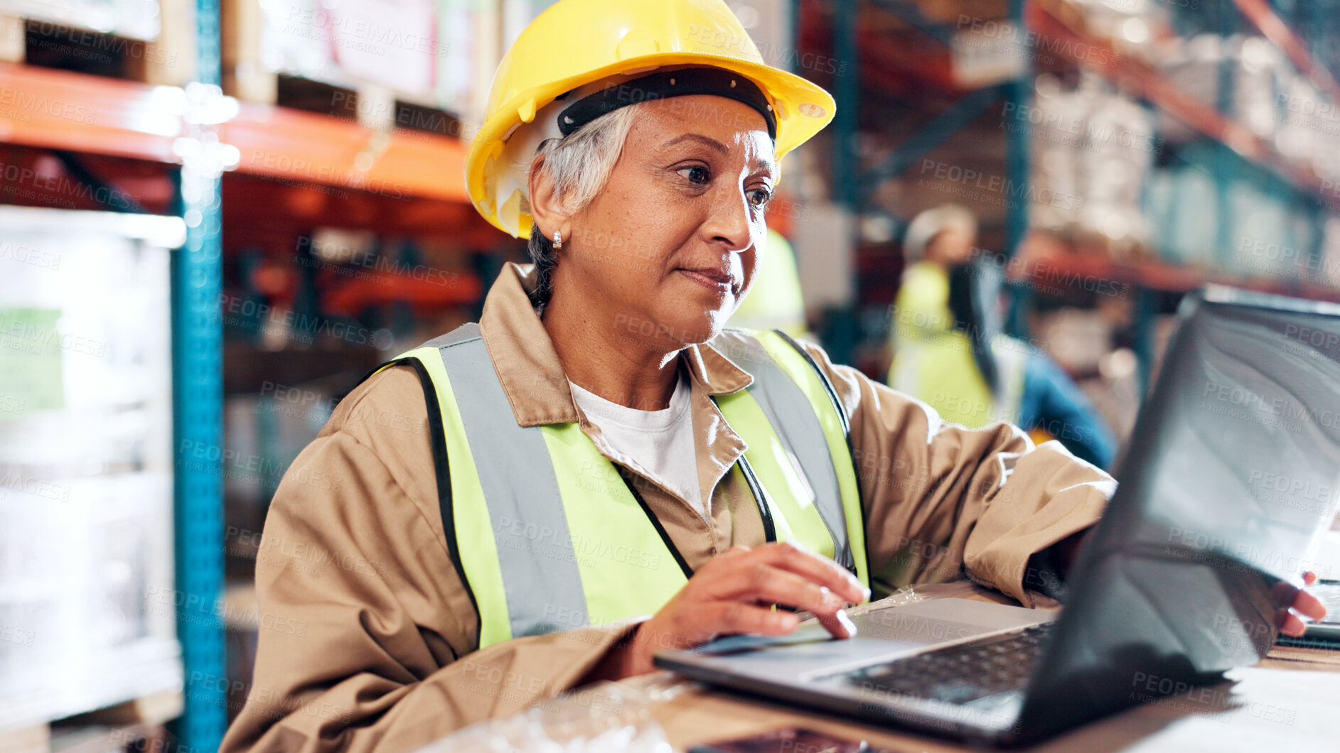 Buy stock photo Woman, laptop and report for logistics at warehouse with review for order, info and inventory management. Mature person, pc and scroll for shipping, distribution or supply chain at industrial plant