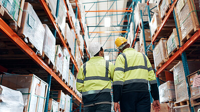Buy stock photo Below, back and people at distribution warehouse for shipping, logistics and delivery team. Inspection, inventory management and employees at plant for stock check, quality assurance and freight
