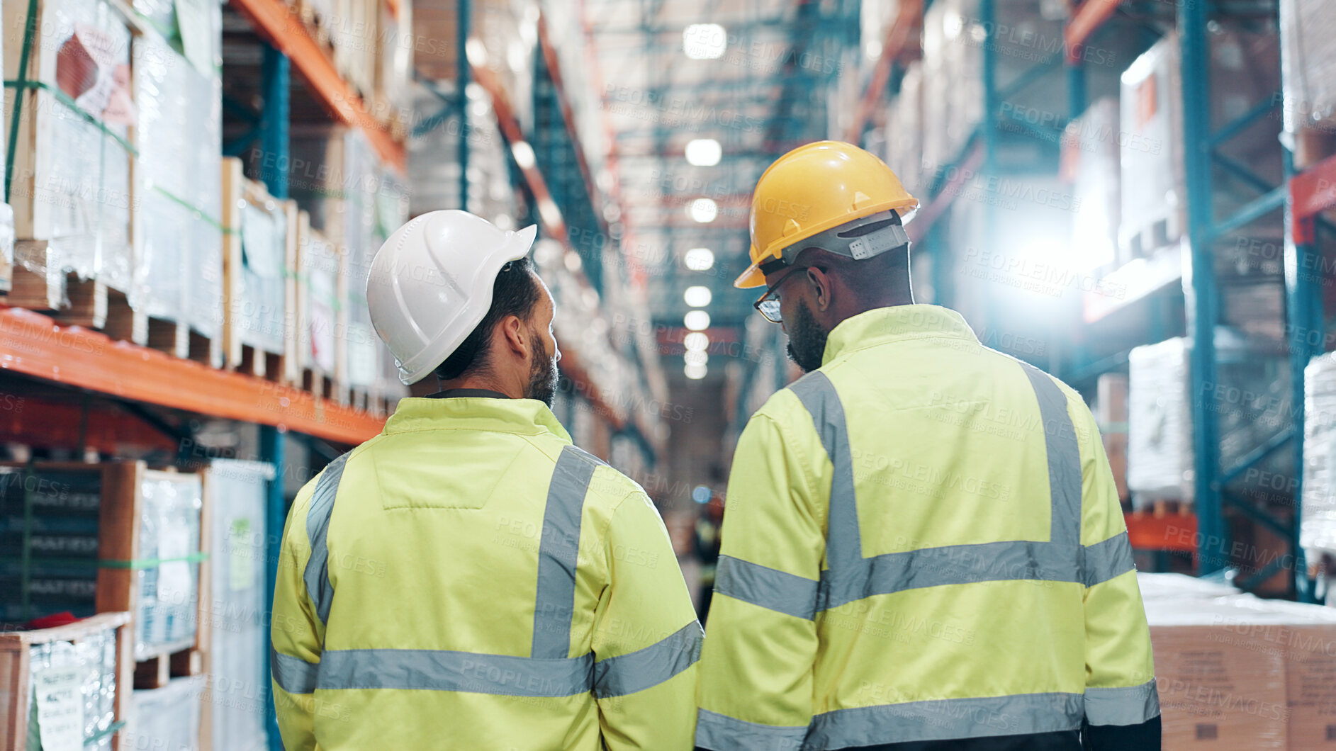 Buy stock photo Back, men and team at distribution warehouse for shipping, logistics and wholesale delivery. Inspection, inventory management and employees at plant for stock check, quality assurance and freight