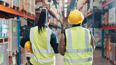 Buy stock photo Back, people and team at distribution warehouse for shipping, logistics and wholesale delivery. Inspection, inventory management and employees at plant for stock check, quality assurance and freight