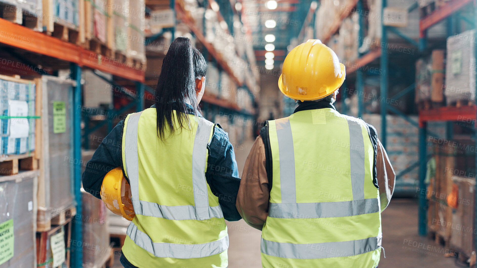 Buy stock photo Back, people and team at distribution warehouse for shipping, logistics and wholesale delivery. Inspection, inventory management and employees at plant for stock check, quality assurance and freight