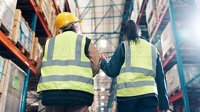 Buy stock photo Low angle, back and people at warehouse for shipping, logistics and wholesale distribution. Inspection, inventory management and team at plant for stock check, quality assurance and freight delivery