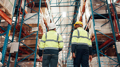 Buy stock photo Low angle, back and people at distribution warehouse for shipping, logistics and delivery team. Inspection, inventory management and employees at plant for stock check, quality assurance and freight
