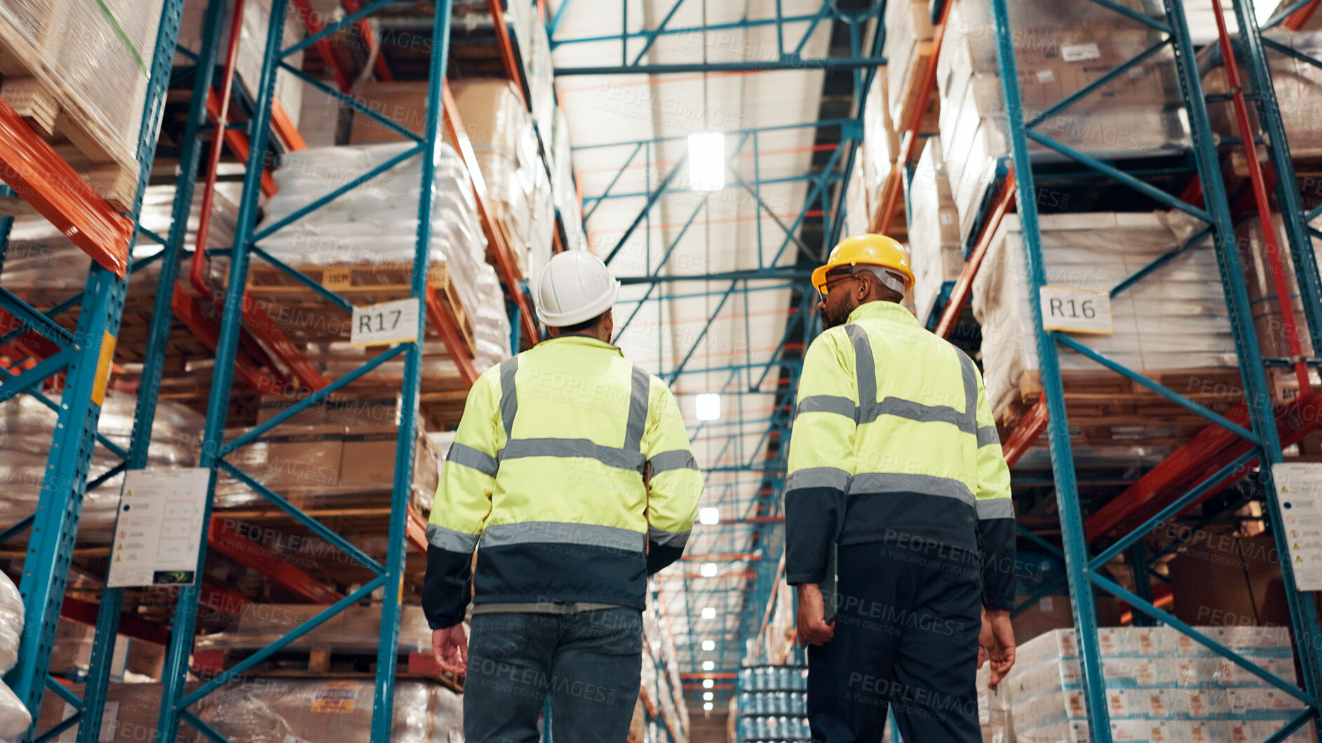 Buy stock photo Low angle, back and people at distribution warehouse for shipping, logistics and delivery team. Inspection, inventory management and employees at plant for stock check, quality assurance and freight
