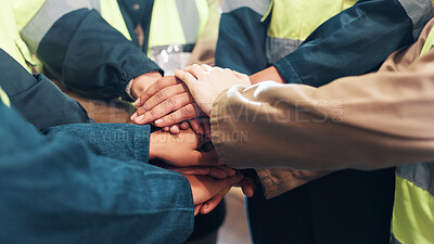Buy stock photo Hands, stack and people for distribution partnership, team mission or support with unity at warehouse. Delivery, logistics and collaboration goals with group, motivation and shipping community