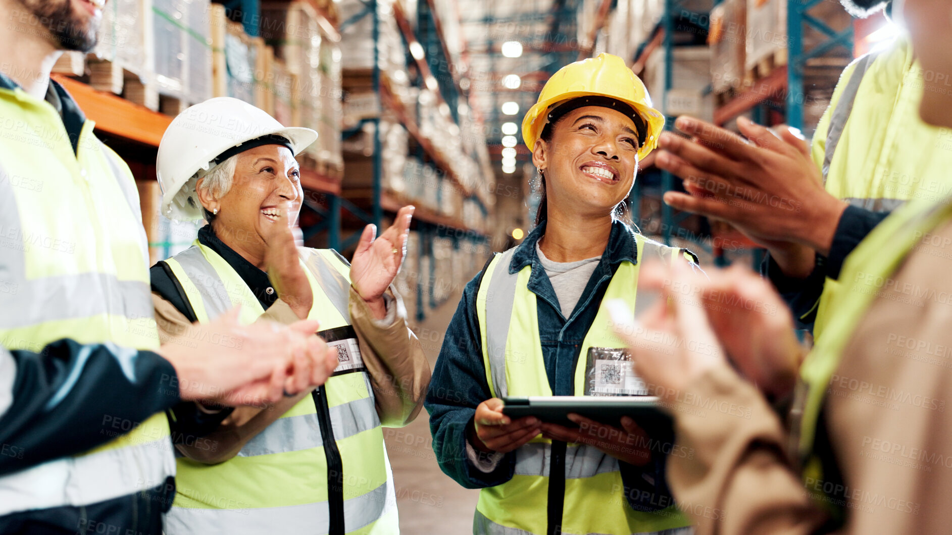 Buy stock photo Woman, applause and team with logistics at warehouse, tablet or happy for promotion in shipping industry. People, group and smile for goal, cheers or celebration with praise at plant for supply chain