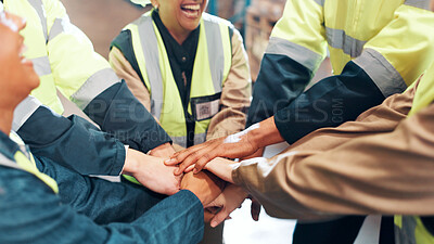 Buy stock photo Hands, stack and people for shipping partnership, team mission or support with unity at warehouse. Delivery, logistics and collaboration goals with group, motivation and distribution community