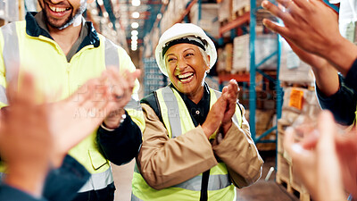 Buy stock photo Hands, applause and happy people for shipping success, team praise or support with celebration at warehouse. Delivery, logistics and collaboration goals with group, motivation and distribution win