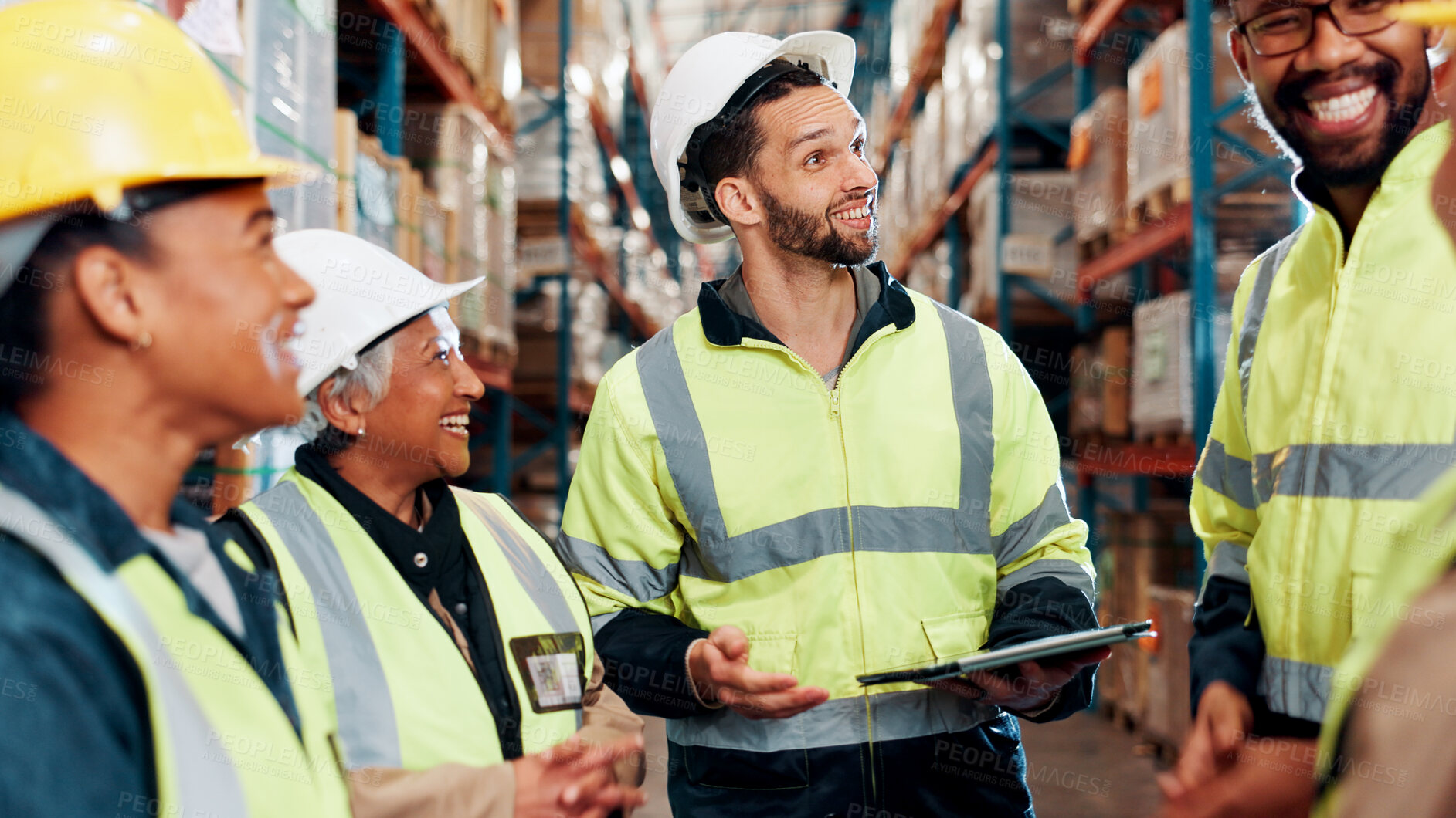Buy stock photo Man, meeting and team with logistics at warehouse, tablet and happy with discussion in industry for storage. People, group and smile for strategy, shipping and supply chain for distribution at plant