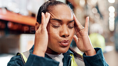 Buy stock photo Woman, face and headache with burnout at warehouse, shipping stress or mistake with pain. Logistics fail, error or fatigue with female person, migraine and overwhelmed with pressure at factory