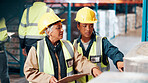 Women, clipboard and discussion for distribution at warehouse with point, planning and inventory management. People, team and checklist with mentor for supply chain, logistics or shipping at plant