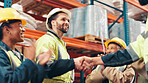 People, logistics and happy in warehouse with handshake, business deal and colleague support with applause. Distribution team, shaking hands and excited in factory with smile for new export agreement