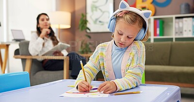 Buy stock photo Sketch, kid and psychology with woman in office for consulting, child development and art therapy. Education therapist, advice and mental health evaluation with person and girl in clinic for exam