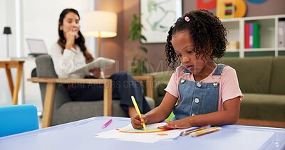 Buy stock photo Exam, kid and drawing with woman in psychology office for consulting, child development and art therapy. Education therapist, advice and mental health evaluation with person and girl in clinic