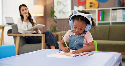 Buy stock photo Patient, kid and drawing with woman in psychology office for consulting, child development and art therapy. Education therapist, advice and mental health evaluation with person and girl in clinic