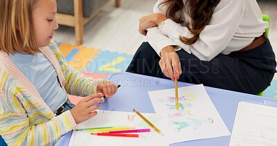 Buy stock photo Art, education and hands of teacher with student at table for distance learning or home school. Course, creative or development with child and tutor closeup in lesson for private or remote study