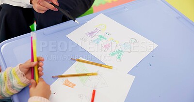 Buy stock photo Art, education and hands of student with tutor at table for distance learning or home school. Course, creative or development with child and teacher closeup in lesson for private or remote study