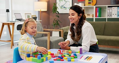 Buy stock photo Counseling, kid and building blocks with woman in psychology for consulting, child development or play therapy. Education therapist, advice and mental health evaluation with person and girl with toys