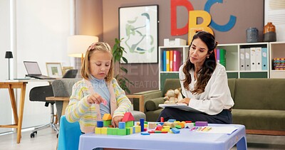 Buy stock photo Exam, kid and building blocks with woman in psychology for consulting, child development or play therapy. Education therapist, advice and mental health evaluation with person and girl with toys
