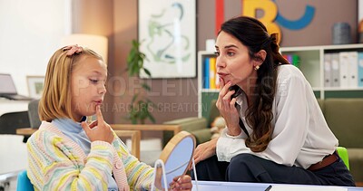 Buy stock photo Mirror, speech therapy and help with woman and girl for language assessment, sound and teaching. Tongue placement, child development and phonics exam with person and kid for education consulting