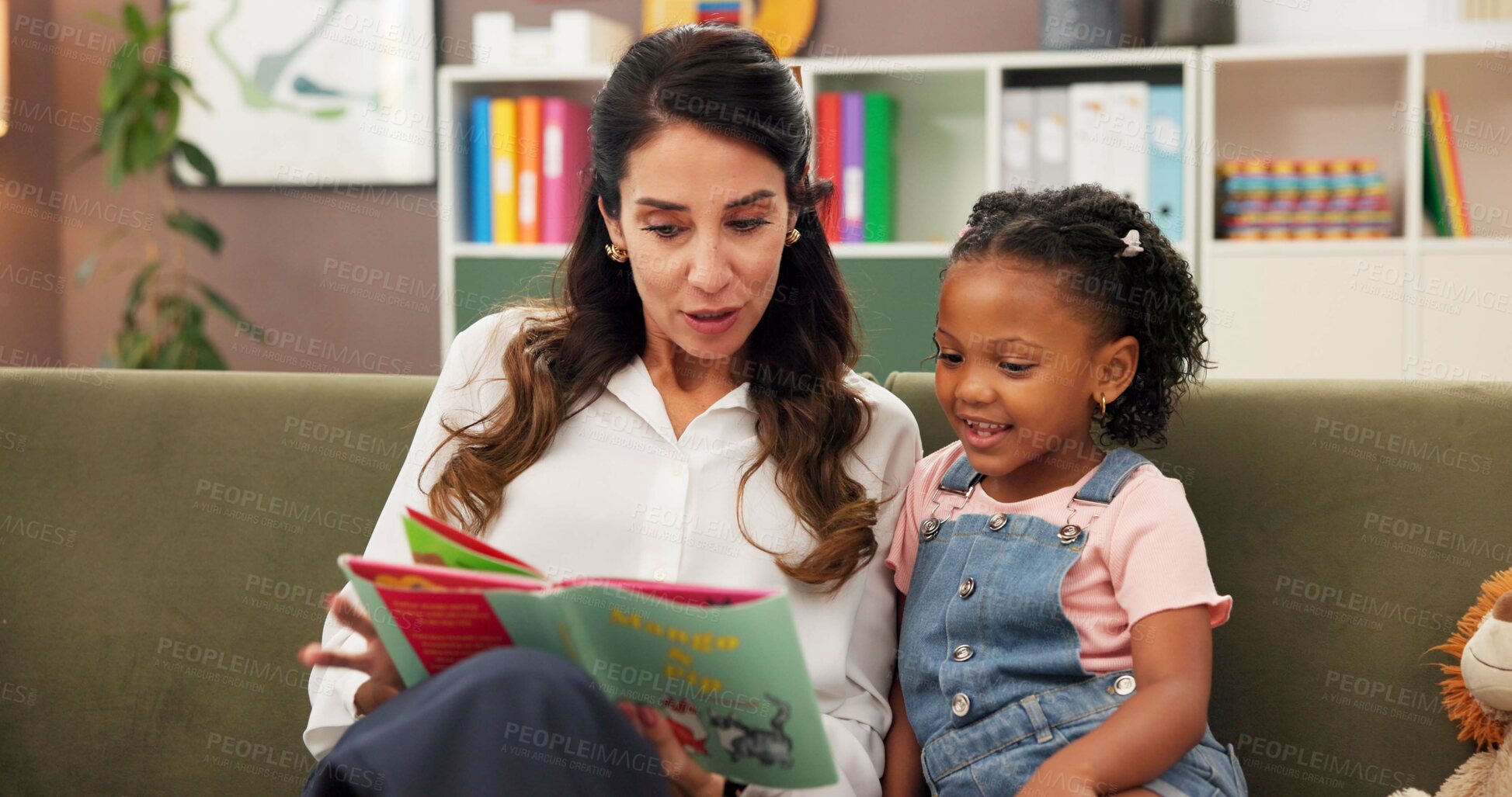 Buy stock photo Psychologist, child and reading story in office for speech therapy, mental health and learning. Therapist woman, book and girl for evaluation, clinic or consultation for patient development support