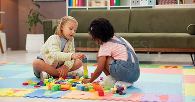 Buy stock photo Building blocks, fun and children in psychology waiting room with cognitive development or growth. Friends, creative and girl kids playing with educational toys for sensory or motor skills at clinic.